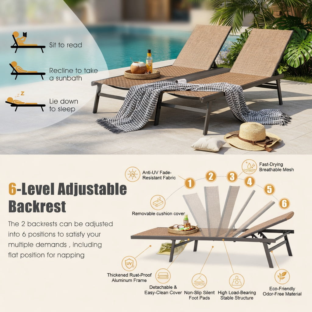 Hommoo 2-Person Adjustable Outdoor Chaise Lounge Chair with Weatherproof Center Tray, Steel Patio Recliner for Backyard, Poolside, or Deck, Brown