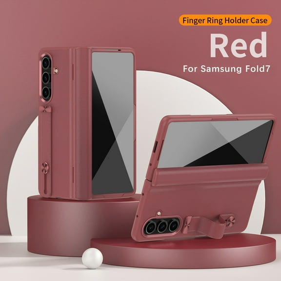 ELEHOLD Case for Samsung Galaxy Z Fold 7, Durable Shockproof Leather Phone Case with Strap & Stand, Built in Screen Protector,Red