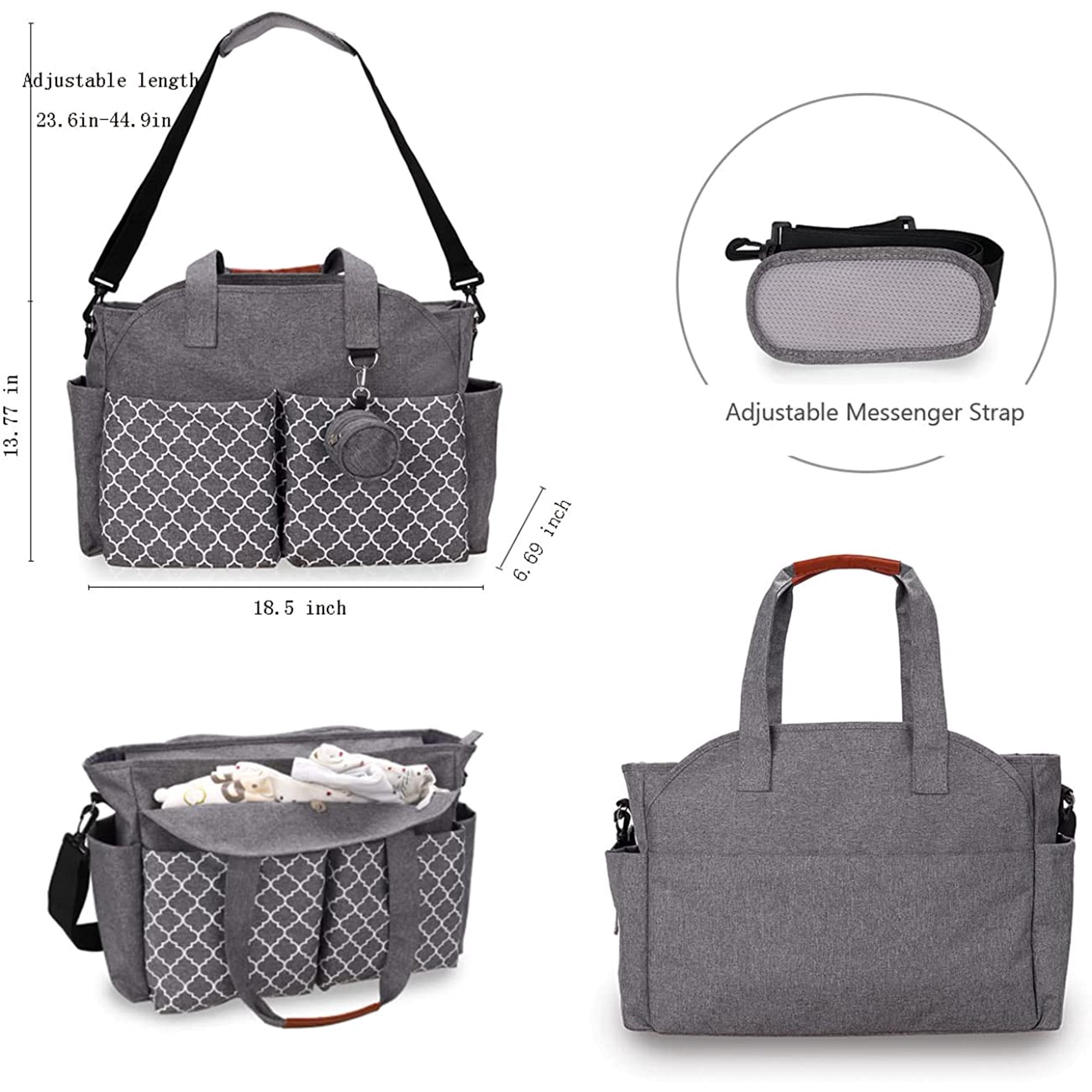 Baby Travel Diaper Bag Tote Gray with Pacifier Holder Adjustable Strap Insulated Pockets