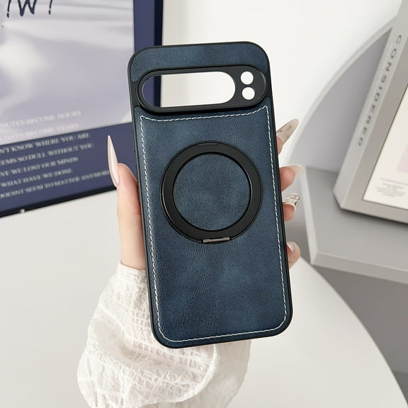 Magnetic Case Designed for Google Pixel 8 Pro, Compatible with Magsafe Wireless Charging, PU Leather 360 Degree Rotatable Ring Stand Kickstand Rugged PU Leather Shockproof Phone Cover,Darkblue