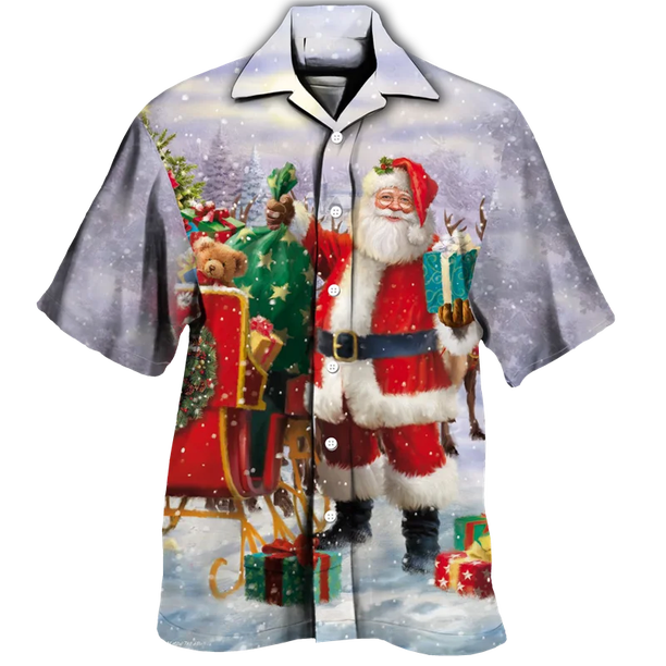 Camisas hawaianas con estampado 3D de Papá Noel de Navidad para hombre, camisetas informales de manga corta/larga con solapa y un solo pecho, ropa de vacaciones de Año Nuevo