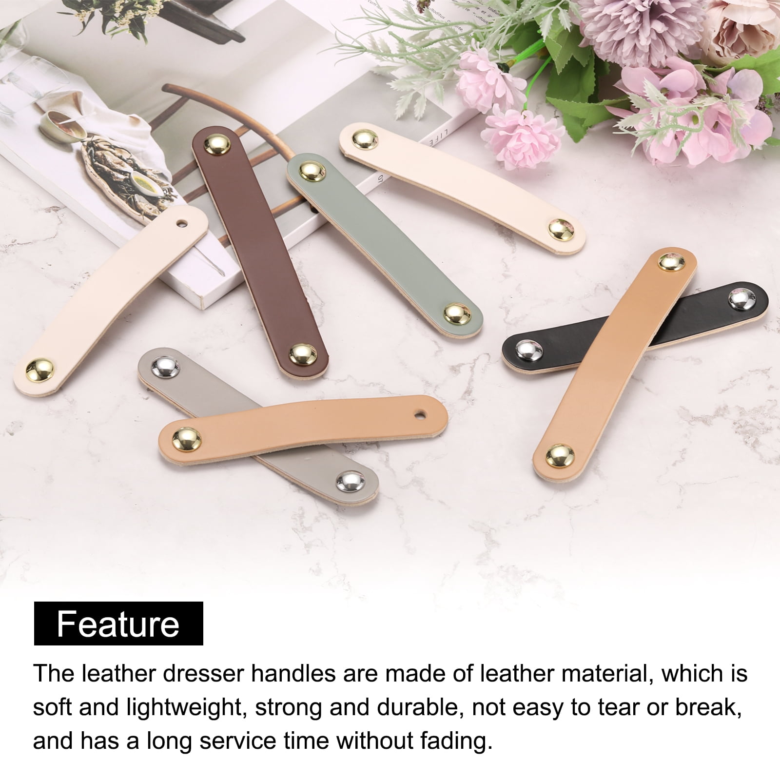 Unique Bargains Leather Pulls Double Hole Leather Drawer Knobs Dresser Handles Brown/Gold