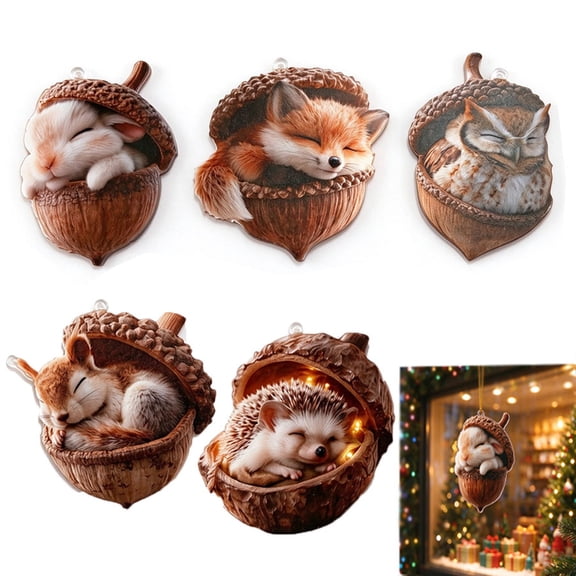 Nealison Forest animal acorn decoration Warm forest Christmas ornaments Christmas tree decorations, pinecone animal figurines, acrylic hanging decorations.5Pcs(2D flat)