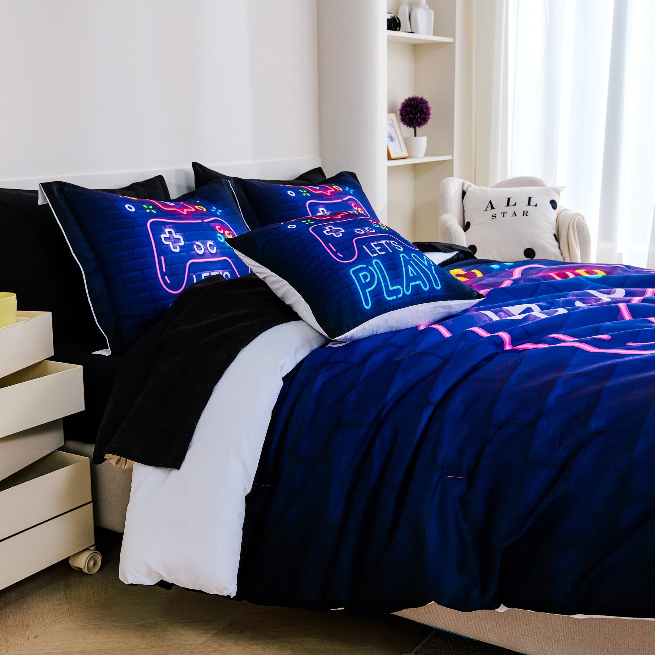 Koniroom 6 Pieces Neon Gamer Comforter Set Twin Size for Boys, Kids Bedroom Decor Soft Gaming Bedding, Video Game Controller Design Bed Set, Black Purple