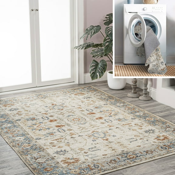JONATHAN Y WASHABLE 3 x 5 Area Rug, Hiero Persian Border - Cream/Terra, WSH314A-3