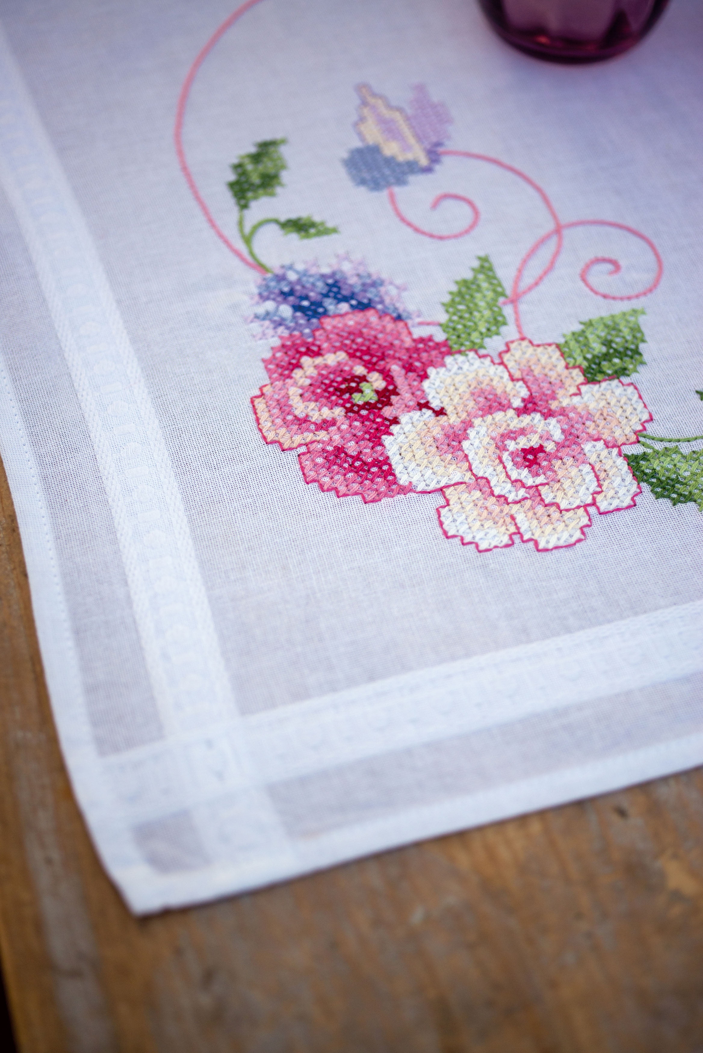 Vervaco Stamped Table Runner Embroidery Kit 16"X40"-Flowers & Butterflies