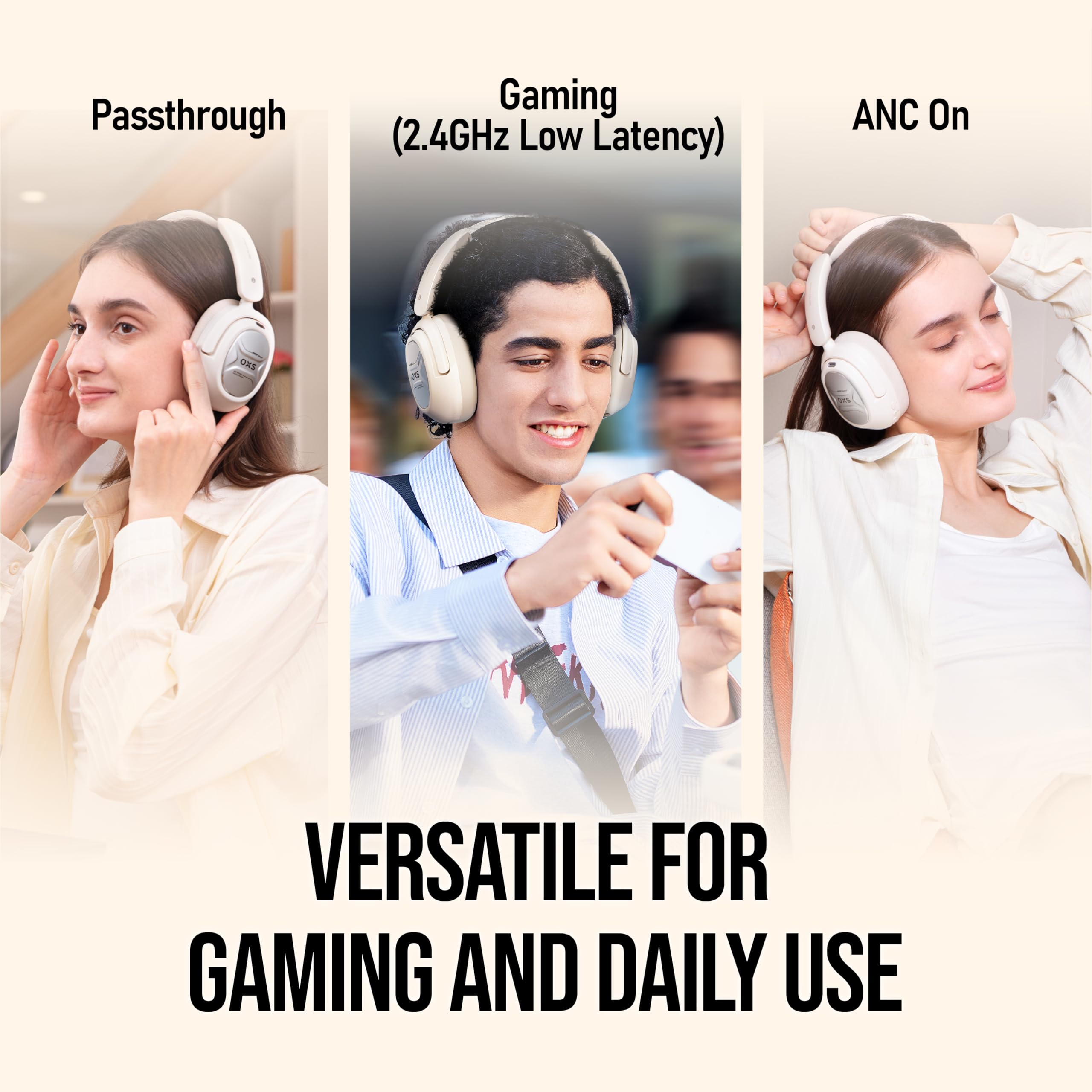 OXS Storm A2 Wireless Gaming Headset, Active Noise Cancellation, Over Ear Headphone with Mic, Bluetooth 5.4 & 2.4GHz Low Latency, Dual EQ Modes, 70H Playtime, for PC, Switch, PS4, PS5, Mobile, White