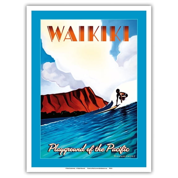 Surfing Waikiki Beach - Hawaii Playground of the Pacific - Vintage Travel Poster by Wade Koniakowsky - Master Art Print (Unframed) 9in x 12in