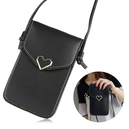 Two Bugs - PU Leather Phone Shoulder Bag, Small Crossbody Bag with 2 Layers, Cell Phone Purse Smartphone Wallet with Shoulder Strap Handbag (Black/Pink)