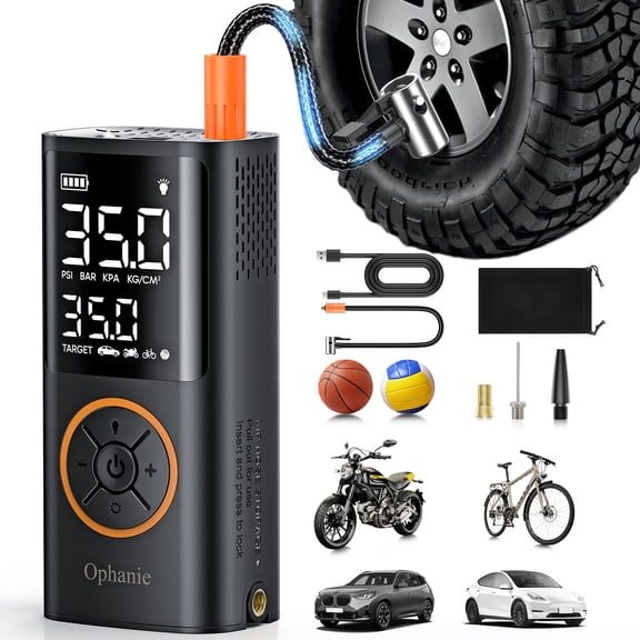 Ophanie Cordless Portable Tire Inflator - 160 PSI, 4000mAh, Air Pump for Car Tires, Bike, Bicycle, Motorcycles, Electric Pump with LED Light & Digital Pressure Gauge