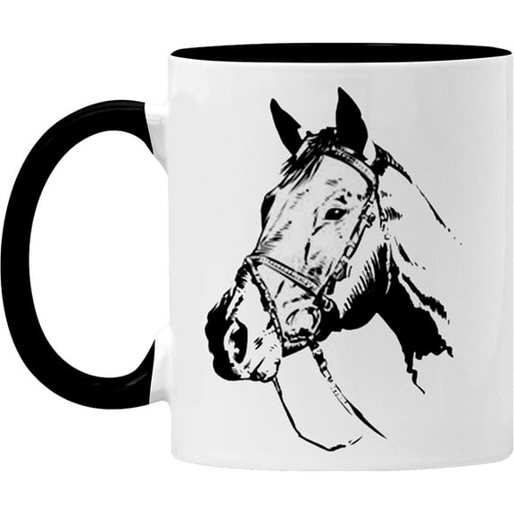 Horse Mug – Coffee Cup - Horse Lovers Gift - Ceramic Mug - Horse Decor - Horse Gifts - Black/White - Microwave and Dishwasher Safe- 11oz - By GTR SOURCE.(Handle and interior black)