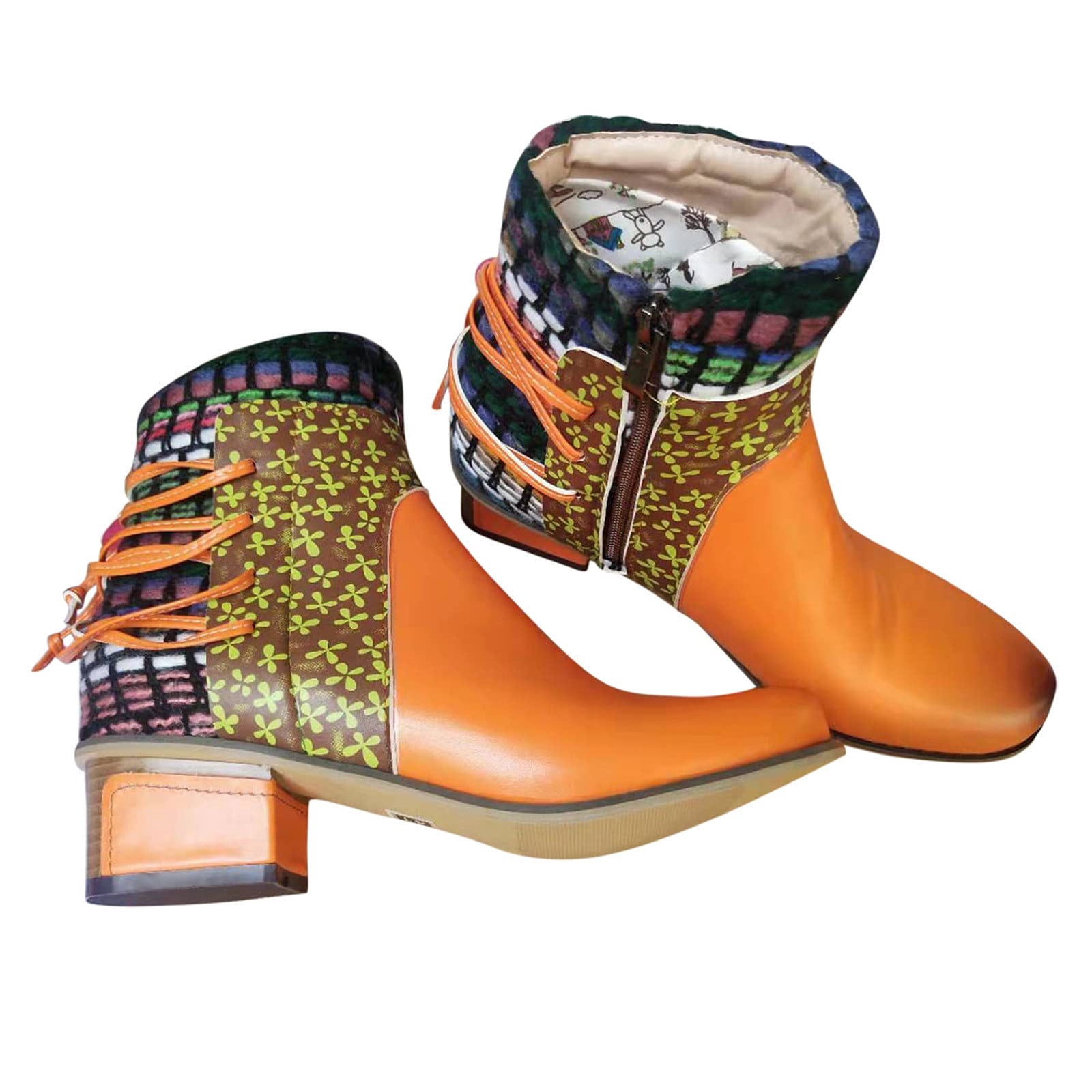 Summer Saving Clearance AXXD Women's Vintage Splicing Round Toe Square Heel Boots Thick Heel Short Shoes Winter Boots for Women Clearance Orange Size 36(US:5.5)