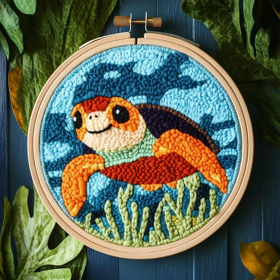Punch Needle kits Sea Turtle Easy for Beginners DIY Punch Needle Yarn Starter Embroidery Set for Craft Lovers with Printed Pattern and Hoop for Home Decor 20x20cm