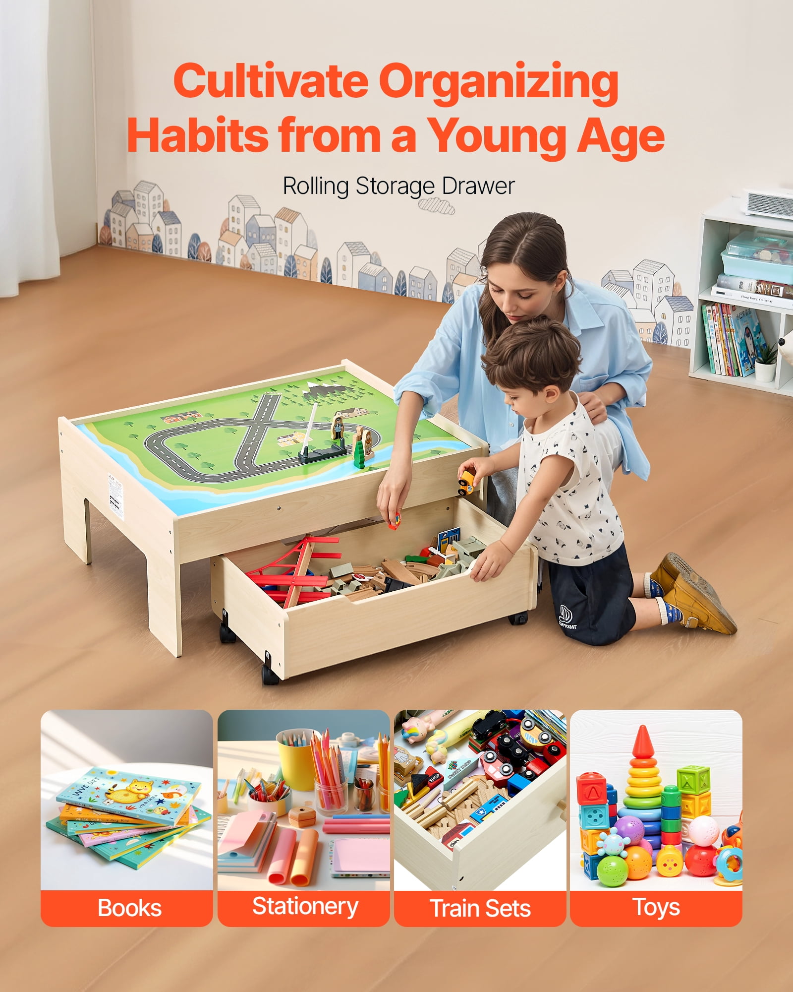 VEVOR Train Table, 100 Multicolor Pieces Wooden Kids Activity Table with Rolling Storage Drawer, 3-in-1 Wooden Train Set for Gaming, Drawing, Reading, Eating, Creative Toy Set for Kids Ages 3+