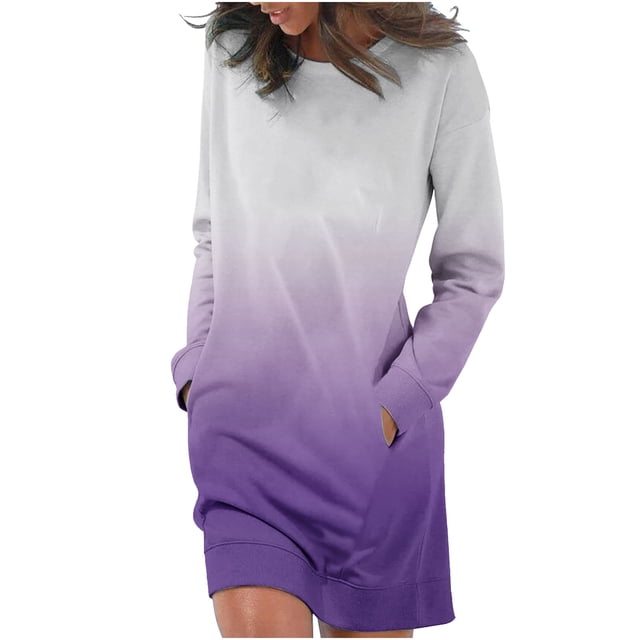 QUYUON Robes d'Automne Grande Taille pour Femmes Liquidation Manches Longues Imprimé Col Rond Robe Longue de Vacances pour Dames Robes d'Automne pour Invitées de Mariage Robe Soleil Midi Style D-2264 Violet TTG