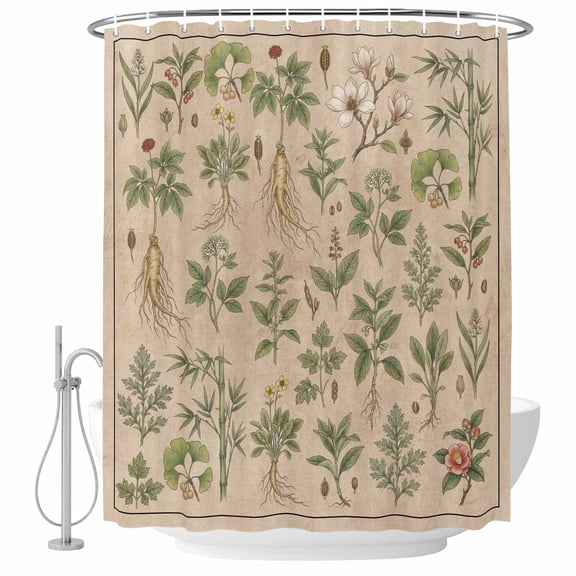 Vintage Botanical Shower Curtain Set - 72" x 78" Washable Bathtub Curtain with 12 Hooks, Country Herbs Leaves Plants Flowers Brown Waterproof Fabric Stall Shower Curtains for Bathroom/Bathtub Décor