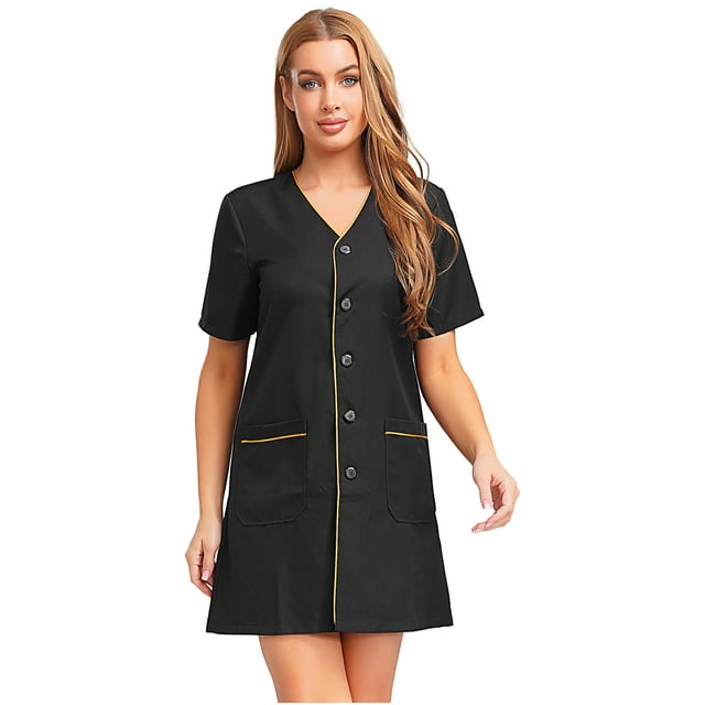 vastwit Robe de Travail à Manches Courtes pour Femmes Longueur Genou Boutonnée pour Usage Quotidien et Occasions Médicales Noir m