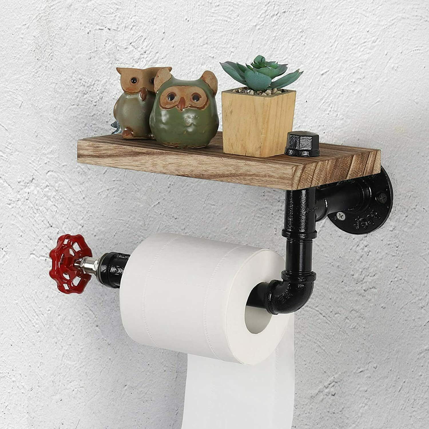 Wall Mounted Industrial Toilet Paper Holder w/Rustic Wooden Shelf for Bathroom