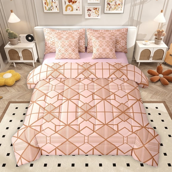 Homewish Fashion Buffalo Plaid Twin Bedding Sets 7-Piece, Pink Gold Abstract Bedding Comforter Set, Teens Adult Men Women Reversible Sheet Sets, Lightweight Room Decor