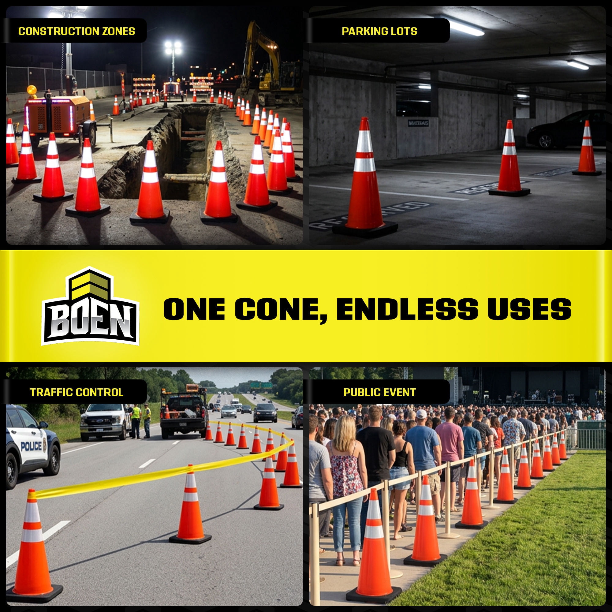 BOEN 36 in Orange Reflective Traffic Cones, 10 lb DOT MUTCD Road Safety, 6 Pack