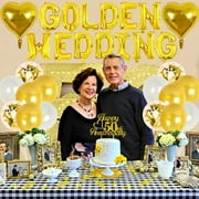 50th Wedding Anniversary Decorations, Golden Wedding Balloon Banner, Number 50 Foil Balloons, Anniversary Cake Topper Decor for 50th Anniversary Party Decorations Supplies
