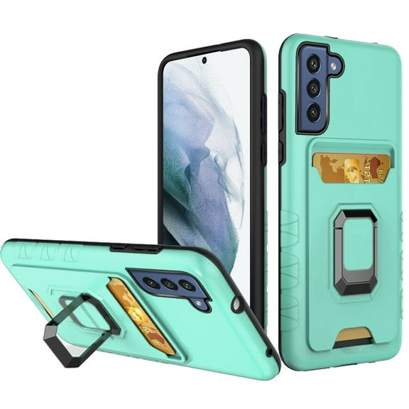 Phone Case for Samsung Galaxy S22 Wallet Case Designed with Credit Card Holder & Ring Stand Kickstand Heavy Duty Hybrid Armor Cover for Galaxy S22 - Teal Mint