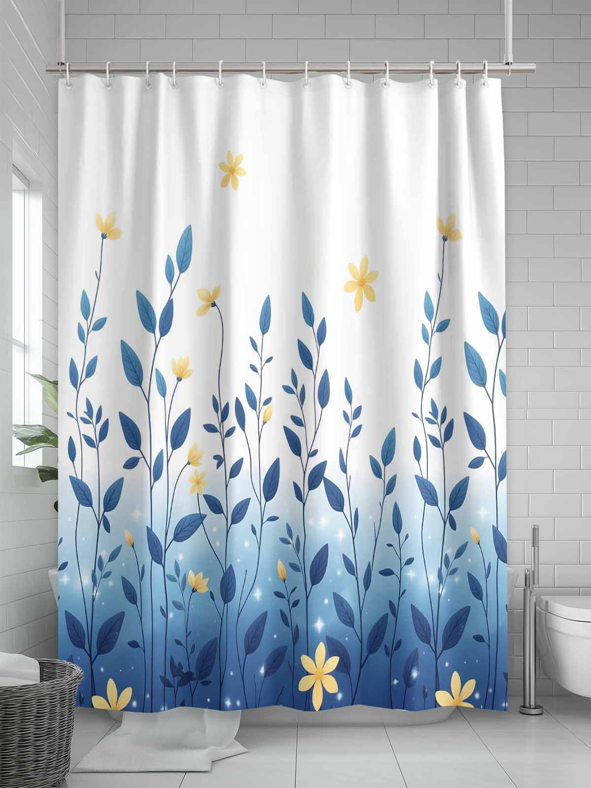 nqOlkjepod Blue Ombre Eucalyptus Shower Curtain, Waterproof Shower Curtains for Bathroom, Elegant Yellow Floral Botanical Washable Fabric Bathtub Curtain Set Bath Decor with 12 Hooks 72"x78"
