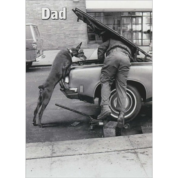 Avanti Press Man and Dog Working Under Hood of Car Vintage Photo Birthday Card for Dad