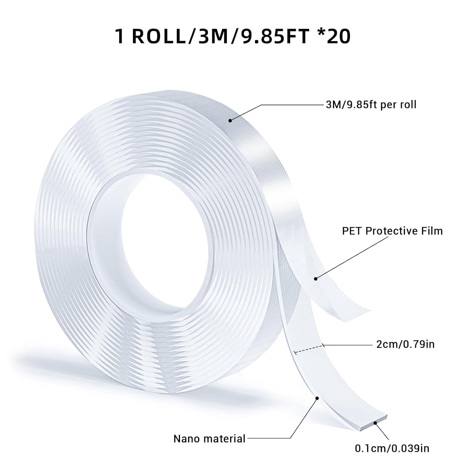 20 Rolls Double Sided Tape, Nano Tape, Transparent Adhesive Tape, Traceless Adhesive Tape, Removable, Washable, Reusable, Suitable for Carpets, Photo Walls, 9.85 Feet Per Roll