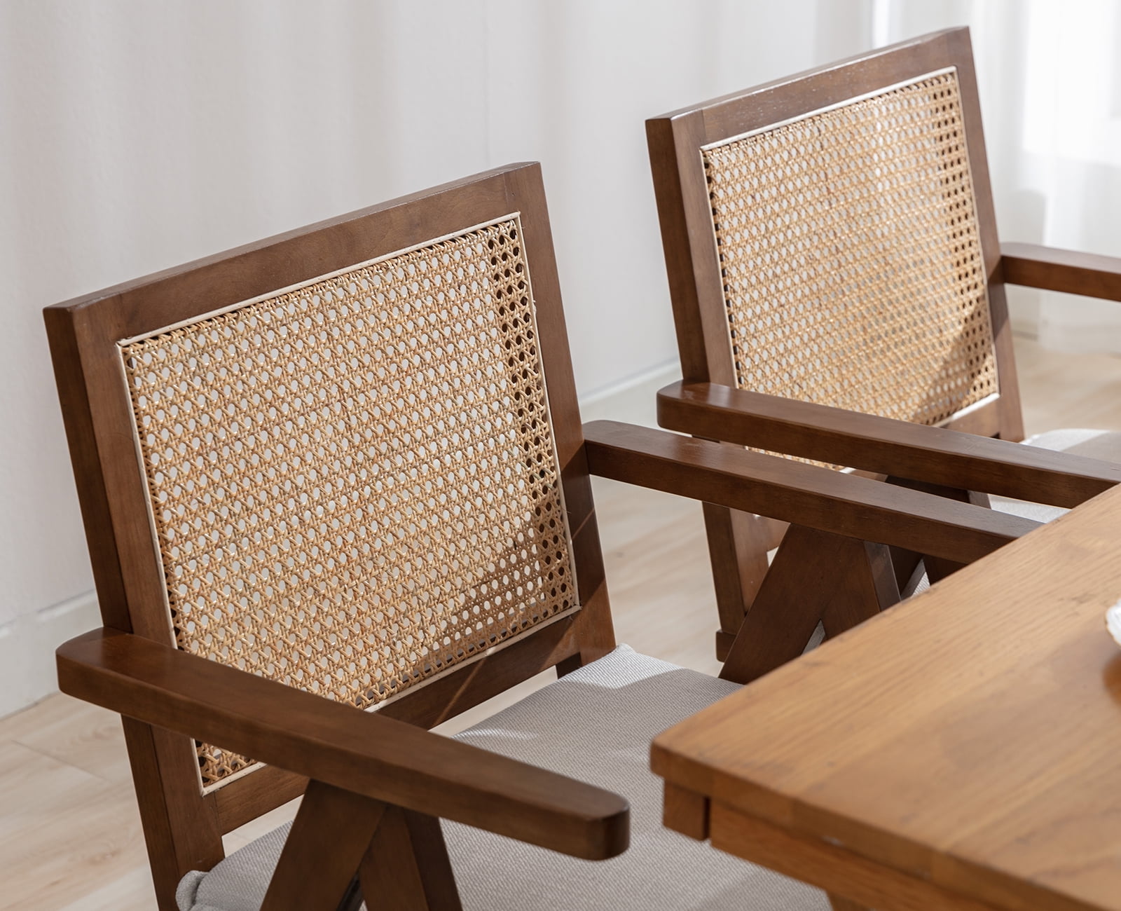 Guyou Modern Rattan Dining Chair Set of 2, Mid-century French Farmhouse Upholstered Solid Wood Armchair Reading Chair, Retro Accent Chair with Woven Back and Walnut Base, Beige Fabric