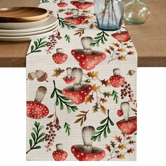 Table Runner 70 Inches Long for Kitchen Dining, Red Mushrooms Dresser Scarf Farmhouse, Dining Table Decorations for Wedding/Parties, Maple Leaves Plants Vintage Botanical 13 x 70 In