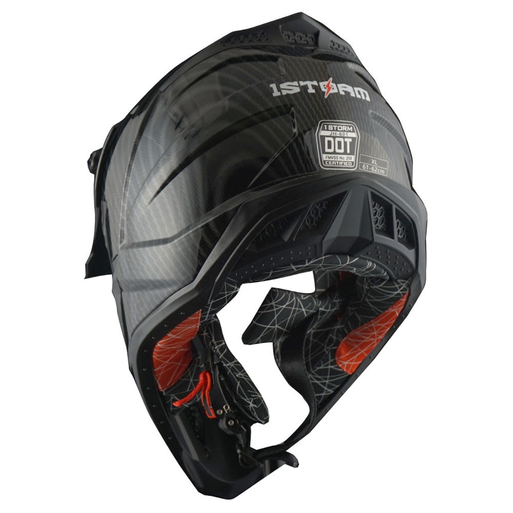 1Storm Adult Motocross Helmet ATV Dirt Bike BMX MX Downhill Mountain Helmet Track Style JH601; Carbon Fiber Black + Goggles + Skeleton Black Glove Bundle