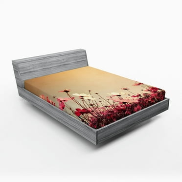 Ambesonne Summer Fitted Sheet, Garden Flowers Poppies, Queen Size, Pale Pink Khaki and Pink