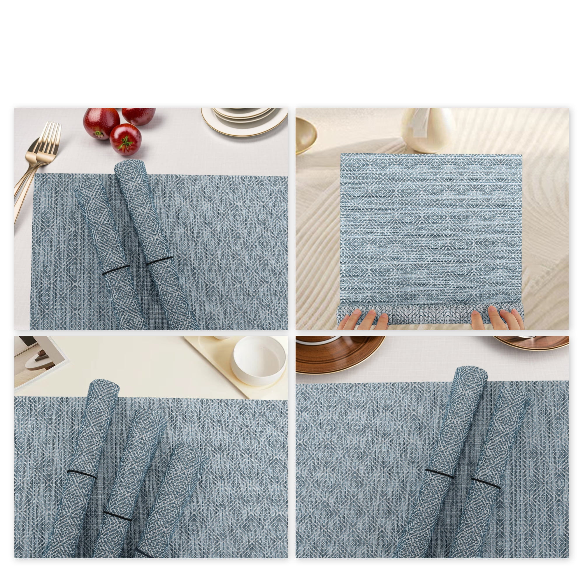 Unique Bargains 4 Pcs Diamond Pattern Polyester Heat Resistant Washable Placemats Blue