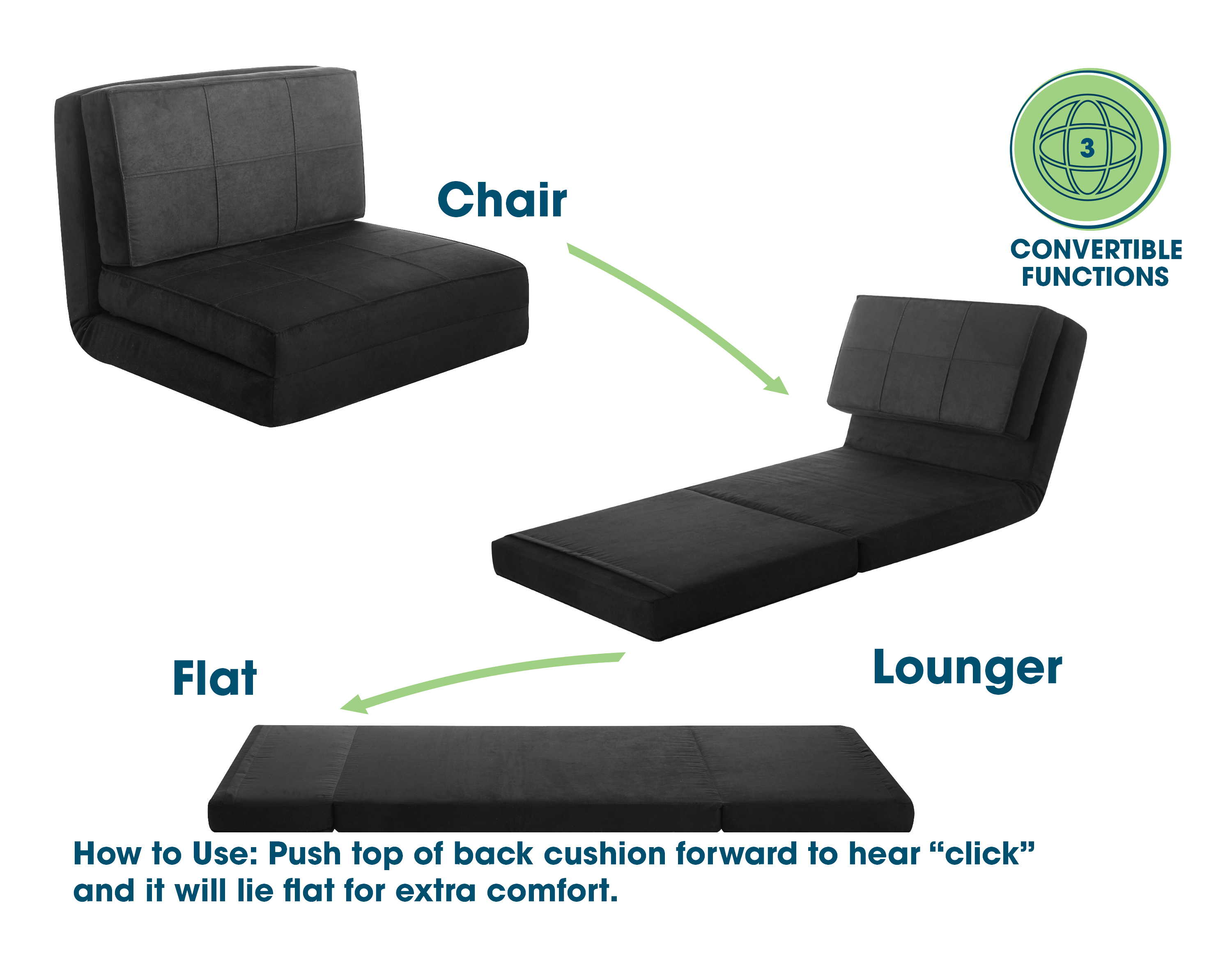 Your Zone Ultra Soft Suede 3 Position Convertible Flip Lounge Chair, Black - image 3 of 7
