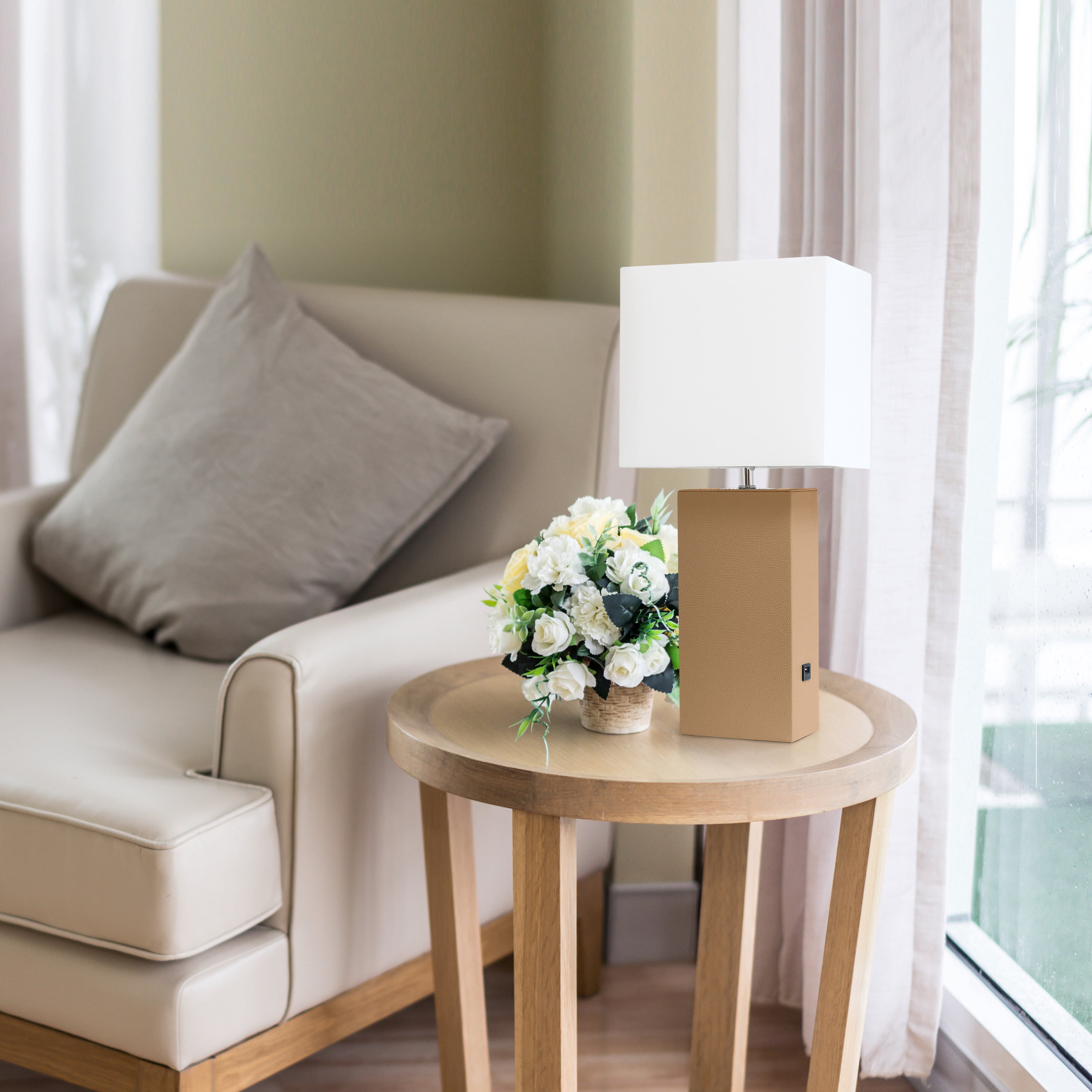 Lalia Home 21" Leather Modern Bedside Table Lamp with USB Port and LED Bulb, Beige