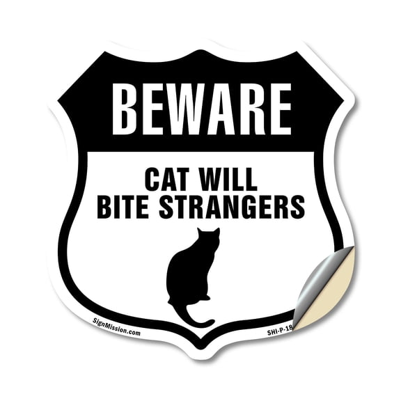 Beware Cat Will Bite Strangers (2 Pack) 4 inch X 4 inch Shield Shaped Heavy Duty 3.2 mil Vinyl Decals Weather Resistant Made in the USA