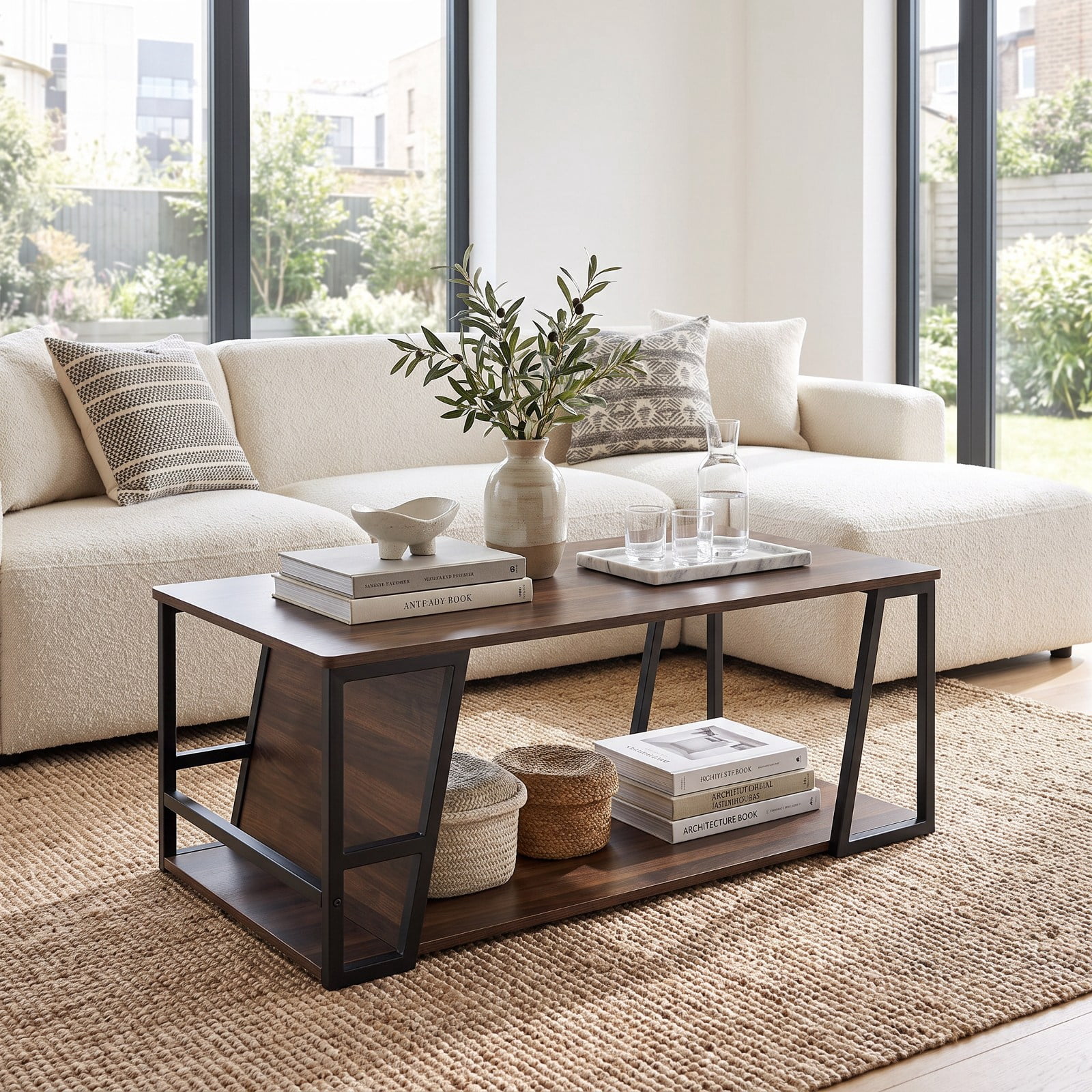 Furnibear Rectangle Industrial Coffee Table 2 Tier Accent Table with Storage Shelf and Side Compartment for Living Room, Brown