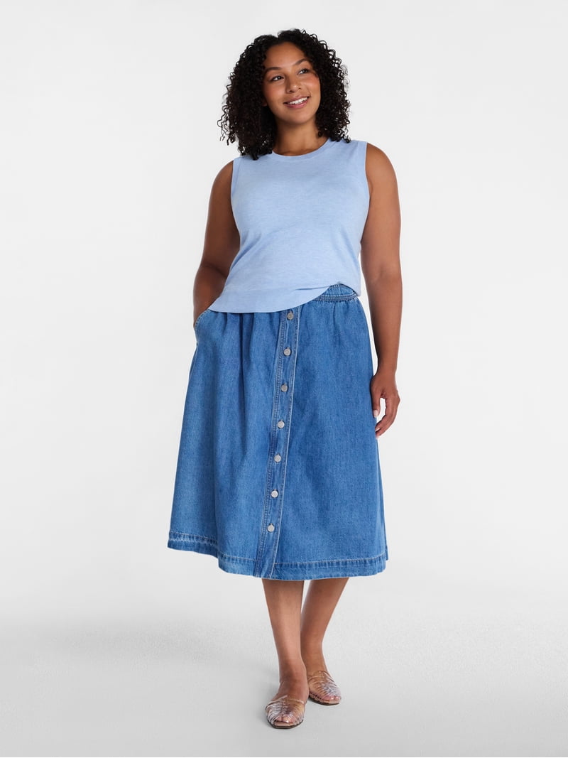 Time and Tru Women's Button Front Denim Midi Skirt, Sizes XS-XXXL
