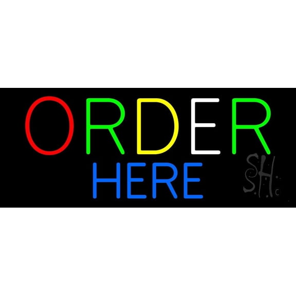 Multicolored Order Here LED Neon Sign 10 x 24 - inches, Clear Edge Cut Acrylic Backing, with Dimmer - Bright and Premium built indoor LED Neon Sign for Bar decor.