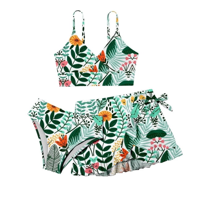 HUANBAI Girls Floral Print Swimwear 3 Piece Swimsuit With Rash Guard Swim Shirt And Bottom 8-9 Years