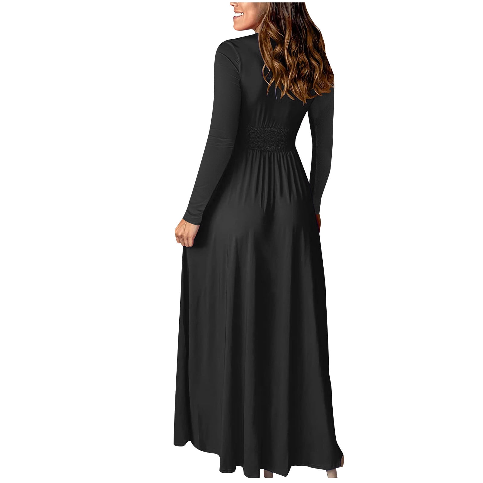 Long Sleeve Party Dress for Women Elegant Wedding Guest Evening Maxi Gown V Neck Pleated High Split Formal Dress (Large, Black)