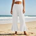 thumbnail image 2 of Womens Wide Leg Capris Plus Size New Linen Capri Pants for Women Summer Casual Wide Leg Drawstring Elastic Waist Ruffle Hem Capris with Pockets White XXL, 2 of 9
