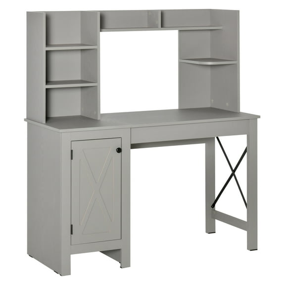 Farmhouse Computer Desk with Hutch & Cabinet - Home Office Study Desk with Storage - Light Grey