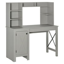 Farmhouse Computer Desk with Hutch & Cabinet - Home Office Study Desk with Storage - Light Grey