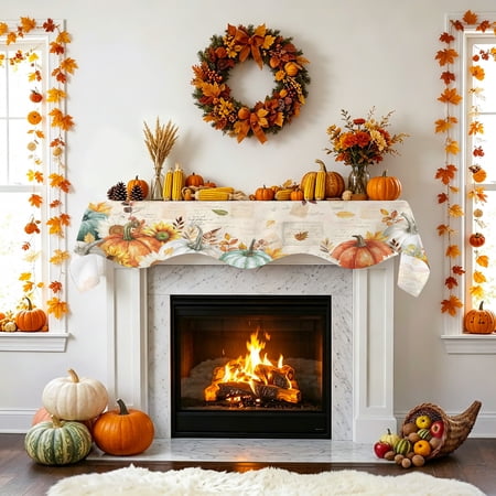 Pumpkin Sunflower Fireplace Mantel Scarf Thanksgiving Fall Leaves Mantel Scarf Scarves Fireplace Top Runner Cover for Holiday Party Home Decorations 90x17in