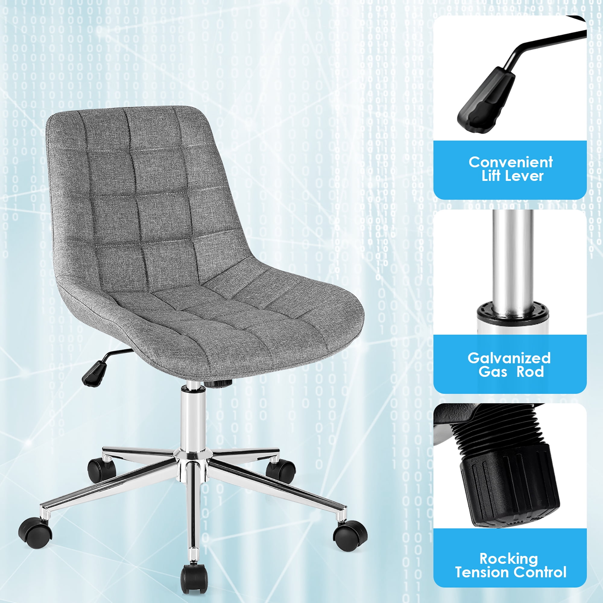 Costway Mid Back Armless Office Chair Adjustable Swivel Fabric Task Desk Chair Gray