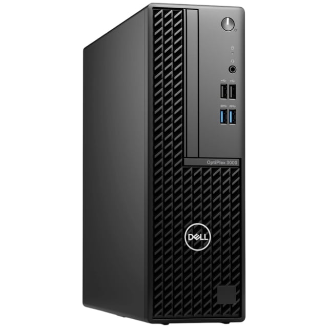 cpu dell optiplex 3000 core i5 12500 3.00 ghz ram 16gb ddr4 nvme 512gb wifi / bluetooth CPU Dell OptiPlex 3000 en torre compacta negra, vista frontal 3/4; rejilla texturizada y logo Dell, botón de encendido, conector de audio y puertos frontales (2 USB 3.0 y 2 USB 2.0 visibles). Incluye SSD NVMe 512GB, 16GB RAM DDR4 y conectividad Wi‑Fi, Bluetooth y Ethernet; a menudo se usa en escritorios de oficina y es adecuada para configuraciones de múltiples monitores vía DisplayPort/HDMI.