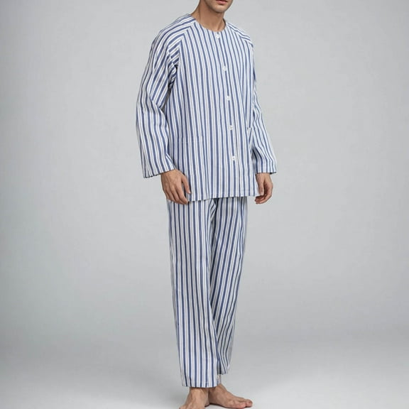 MTBLYS Pajamas for Men Set Summer Striped Print Comfortable Pajama Sets with Pants Lightweight Loose Fit V-Neck Long Sleeve Sleepwear Sleepwear Men
