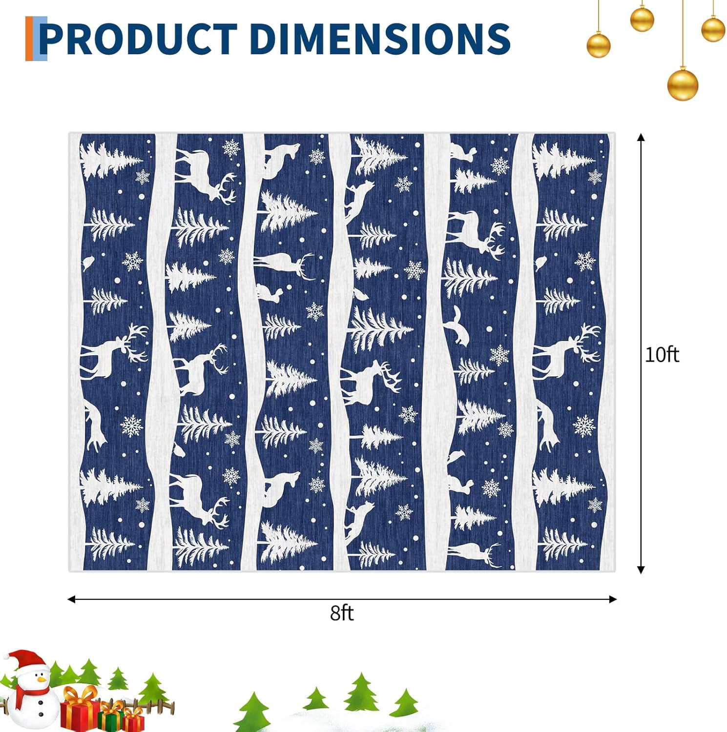 Garvee 8x10 ft Christmas Rug, Washable Non Slip Low Pile Carpet, Xmas Tree Reindeer Snowflake Indoor Rug for Entryway, Kitchen, Living Room, Blue